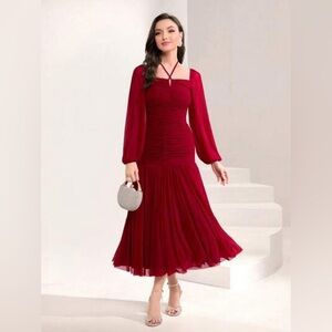 SHEIN Modely Tie Back Lantern Sleeve Ruched Mesh Dress Size USA XL